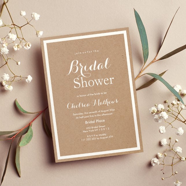 Invitación Moderno papel marrón blanco Bridal Shower (Modern simple brown paper white Bridal Shower)