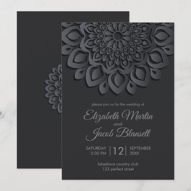 Invitación Moderno papel negro corte Mandala Boda (Anverso / Reverso)