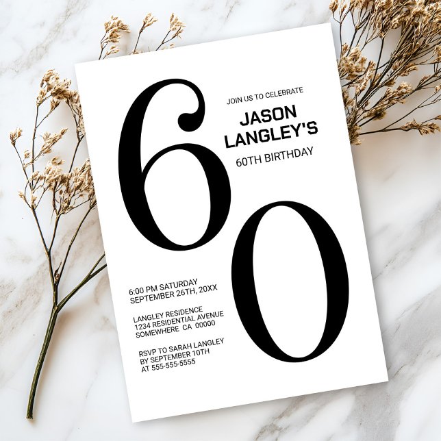 Invitación Moderno partido de cumpleaños 60 en blanco y negro (Subido por el creador)