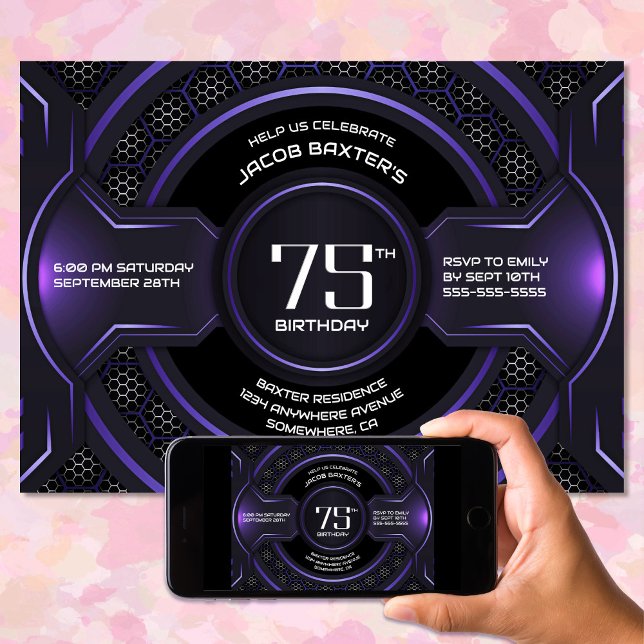 Invitación Moderno partido de cumpleaños 75 Black Purple (Subido por el creador)