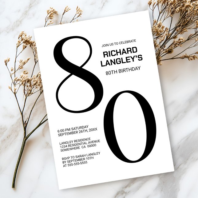 Invitación Moderno partido de cumpleaños 80 de blanco y negro (Subido por el creador)