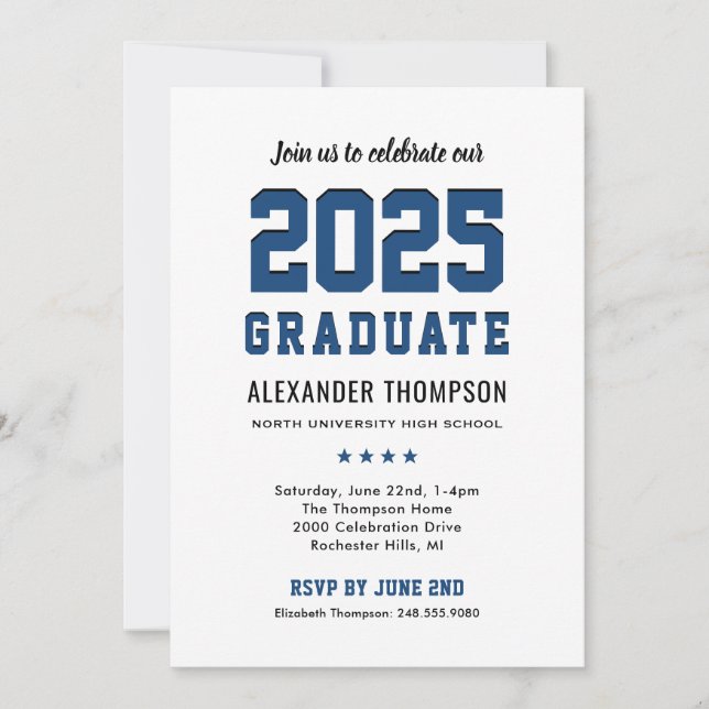 Invitación Moderno Partido de Graduación Azul Graduado 2025 (Anverso)