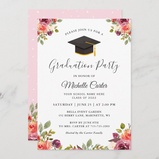 Invitación Moderno Partido de Graduación de Chicas Botánicos  (Anverso / Reverso)