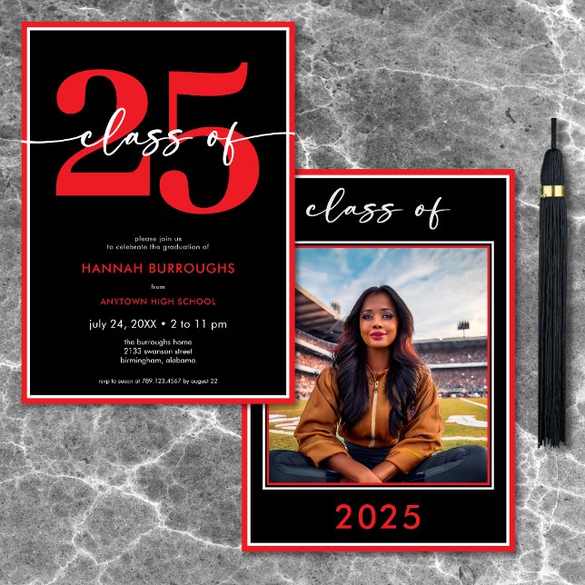 Invitación Moderno Partido de Graduación de Guión Rojo Mínimo (Modern Minimal Red Script Graduation Party Invitation)