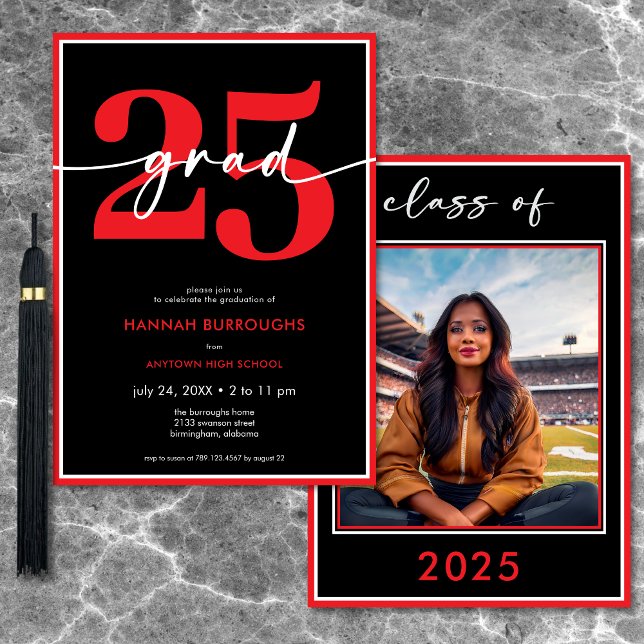 Invitación Moderno Partido de Graduación de Guión Rojo Mínimo (Modern Minimal Red Script Graduation Party Invitation)