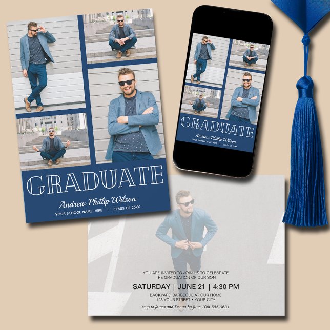 Invitación Moderno partido de graduación fotográfica Marina A (Navy Blue Modern Photo Graduation Invitations - PRINTED and/or INSTANT DOWNLOAD)