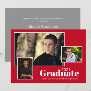 Invitación Moderno Partido de Graduación Gris y Roja Fotográf