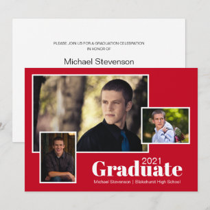 Invitación Moderno Partido de Graduación Rojo y Blanco Fotogr