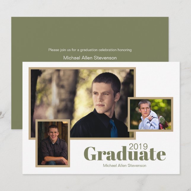Invitación Moderno Partido de Graduación Verde Blanco de Tres (Anverso / Reverso)