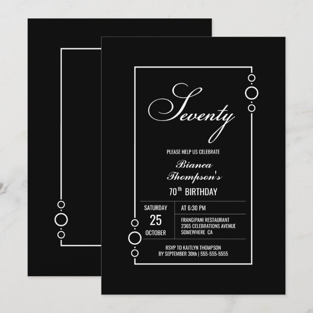 Invitación Moderno partido negro 70 cumpleaños (Anverso / Reverso)