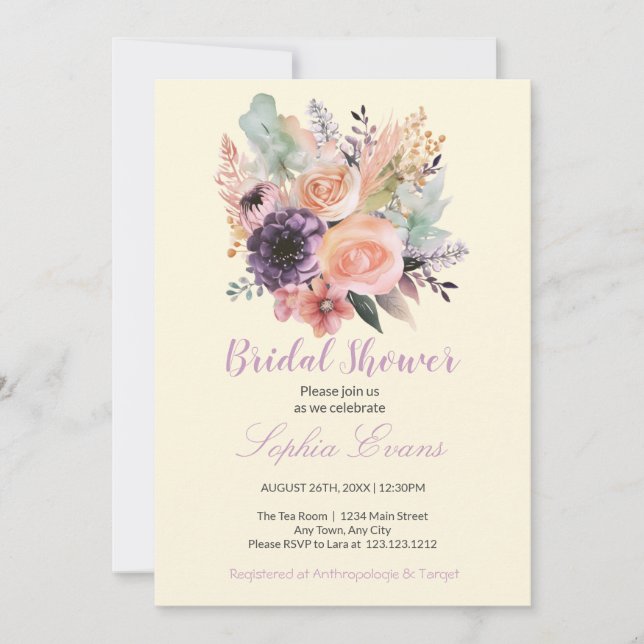 Invitación Moderno Pastel Floral Bouquet Amarillo Ducha Nupci (Anverso)