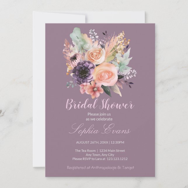 Invitación Moderno Pastel Floral Bouquet Purple Bridal Ducha (Anverso)
