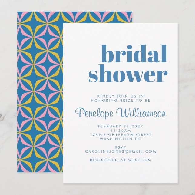 Invitación Moderno Patrón Azul Típografía Retro Ducha Bridal (Anverso / Reverso)