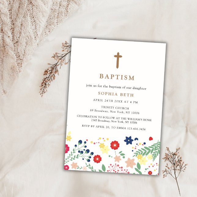 Invitación Moderno Patrón de Pequeño Flor Silvestre Cruzando  (Modern Little Wildflower Pattern Cross Baptism Invitation)