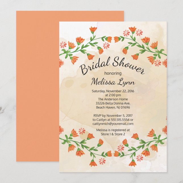Invitación Moderno Peach Floral Fall Bridal Shower (Anverso / Reverso)