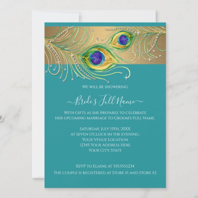 Invitación Moderno Peacock Feathers Faux Jewel Bridal Shower (Anverso)