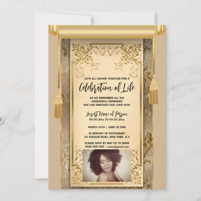 Invitación Moderno pergamino de satén beige tassels sepia fot (Anverso)