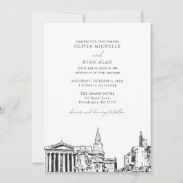 Invitación Moderno Philadelphia Skyline Boda blanco y negro
