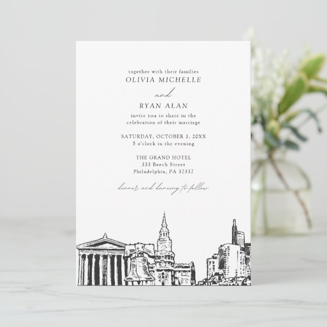 Invitación Moderno Philadelphia Skyline Boda blanco y negro (Anverso de pie)