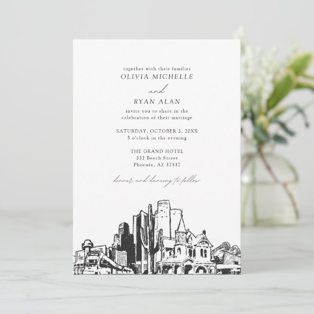 Invitación Moderno Phoenix Skyline Boda blanco y negro (Anverso de pie)