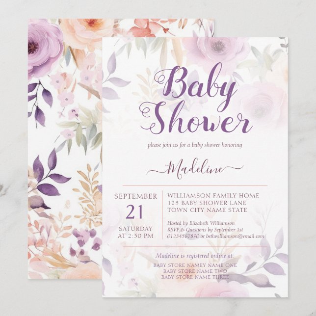 Invitación Moderno Plum Purple Floral Baby Shower (Anverso / Reverso)