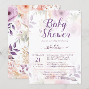 Invitación Moderno Plum Purple Floral Baby Shower