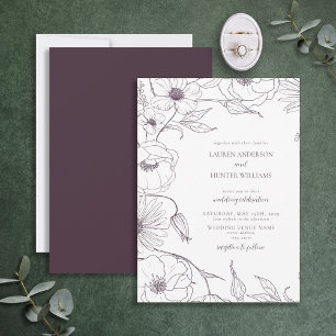 Invitación Moderno Plum Purple Line Art Floral Boda