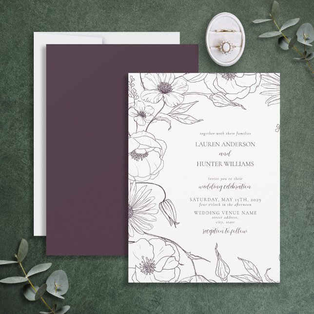 Invitación Moderno Plum Purple Line Art Floral Boda (Subido por el creador)