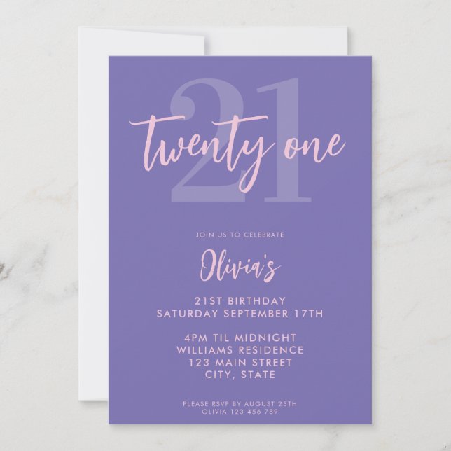 Invitación Moderno Purple Elegant 21º cumpleaños (Anverso)