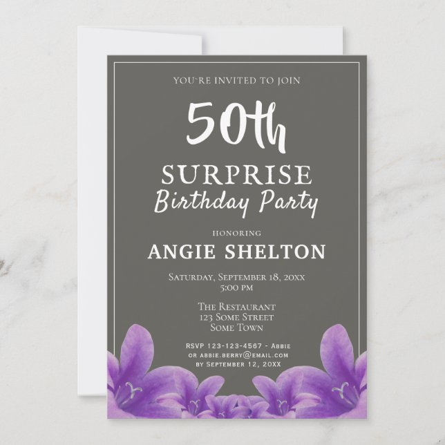 Invitación Moderno Purple Floral 50.ª fiesta de cumpleaños so (Anverso)