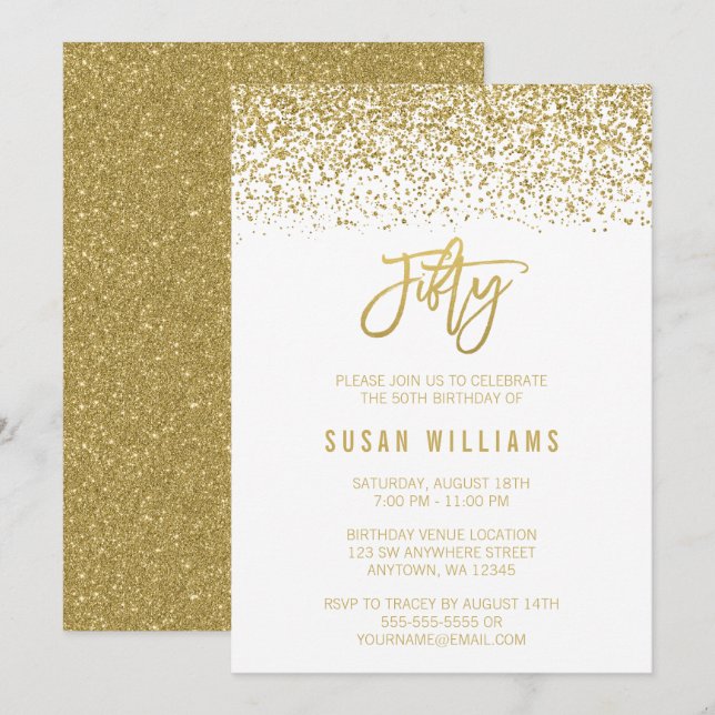 Invitación Moderno Purpurina de Burlas de Oro Blanco 50 cumpl (Anverso / Reverso)