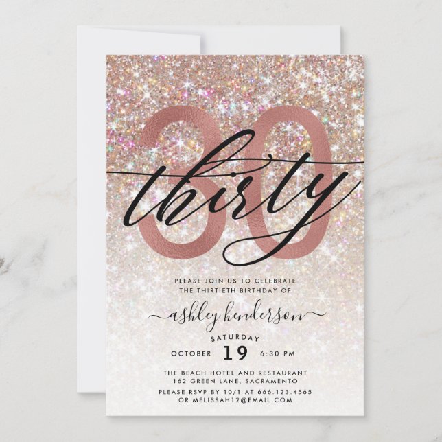 Invitación Moderno Purpurina de champagne 30 cumpleaños (Anverso)