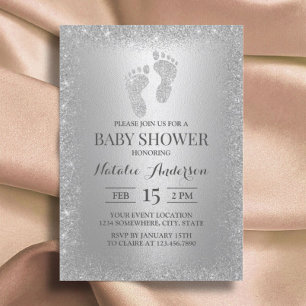 Invitación Moderno Purpurina de Chica de pies de plata Baby S