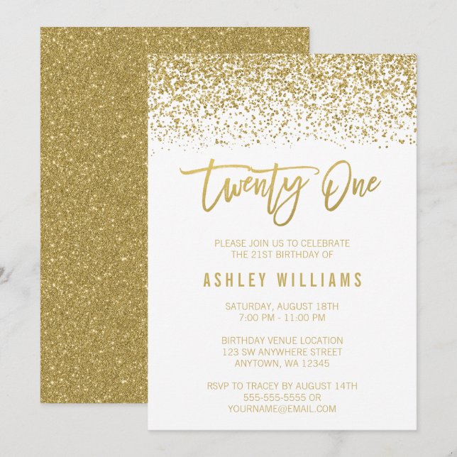 Invitación Moderno Purpurina de Faux Oro Blanco 21 cumpleaños (Anverso / Reverso)