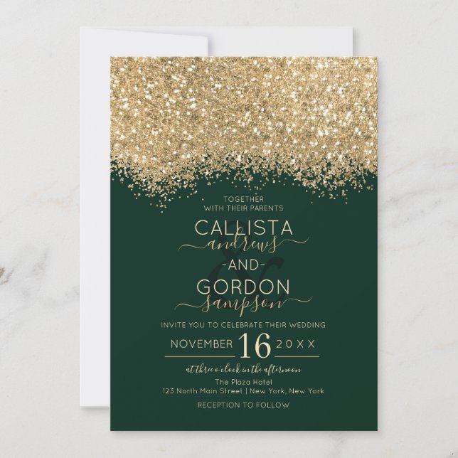 Invitación Moderno Purpurina de lujo dorado verde  Confetti B (Anverso)