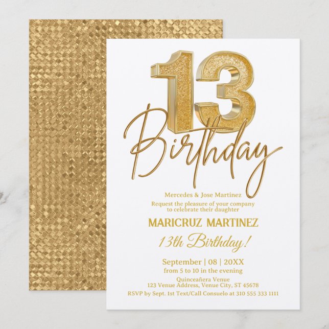 Invitación Moderno Purpurina de Oro 3D 13º cumpleaños (Anverso / Reverso)