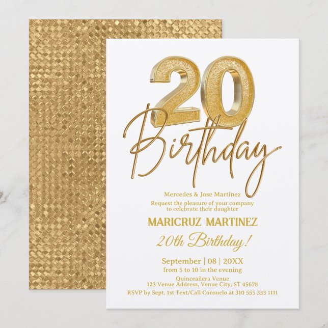 Invitación Moderno Purpurina de Oro 3D 20 cumpleaños (Anverso / Reverso)