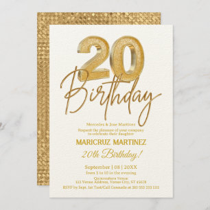 Invitación Moderno Purpurina de Oro 3D 20 cumpleaños