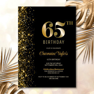 Invitación Moderno Purpurina de Oro Negro 65ª fiesta de cumpl