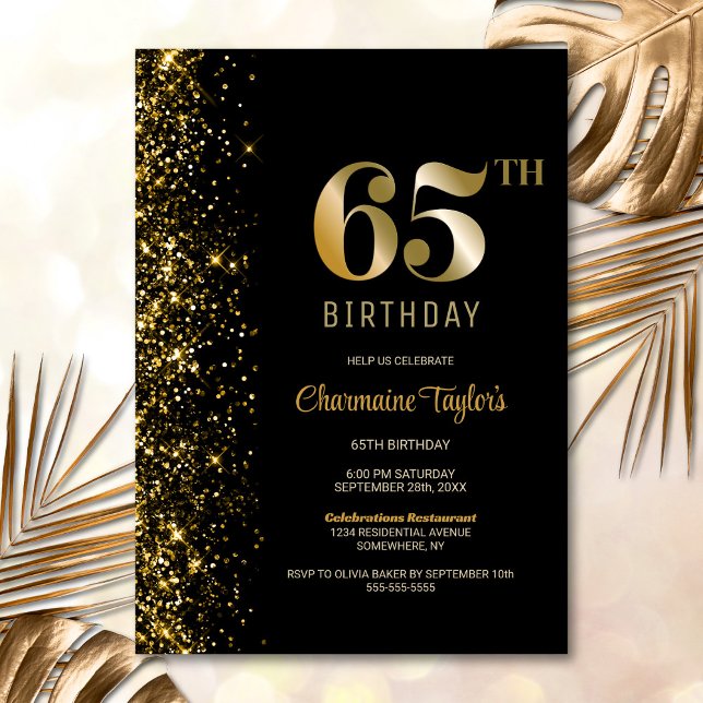 Invitación Moderno Purpurina de Oro Negro 65ª fiesta de cumpl (Subido por el creador)