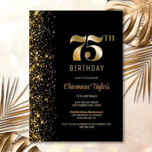 Invitación Moderno Purpurina de Oro Negro 75ª fiesta de cumpl