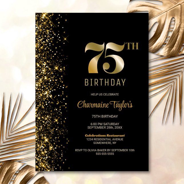 Invitación Moderno Purpurina de Oro Negro 75ª fiesta de cumpl (Subido por el creador)