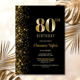 Invitación Moderno Purpurina de Oro Negro 80 cumpleaños