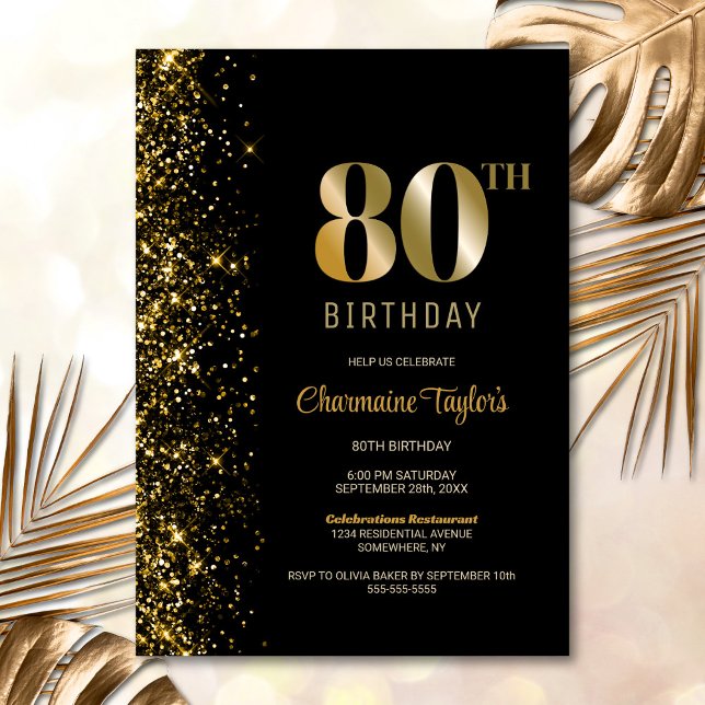 Invitación Moderno Purpurina de Oro Negro 80 cumpleaños (Subido por el creador)