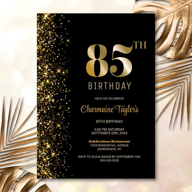 Invitación Moderno Purpurina de Oro Negro 85ª fiesta de cumpl (Subido por el creador)