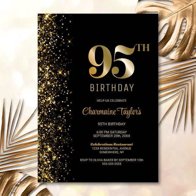 Invitación Moderno Purpurina de Oro Negro 95ª fiesta de cumpl (Subido por el creador)
