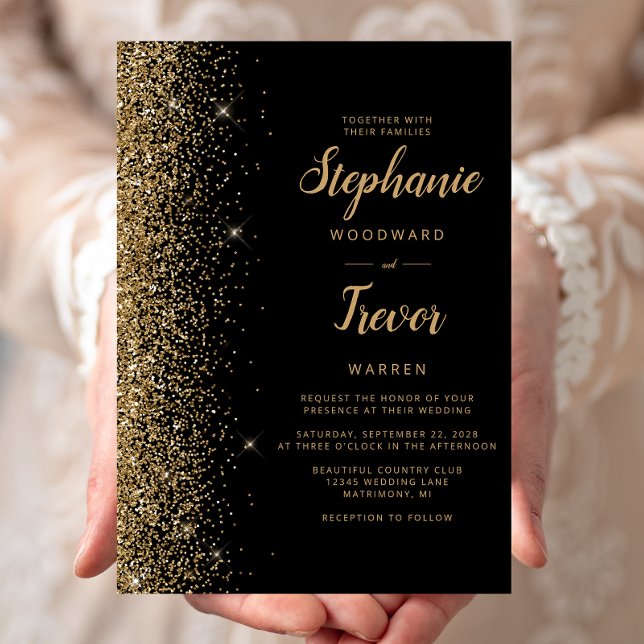 Invitación Moderno Purpurina de oro negro Boda de guión de pi (Subido por el creador)