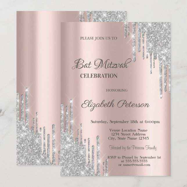 Invitación Moderno Purpurina de Plata Drin Rosa Barra de Oro  (Anverso / Reverso)