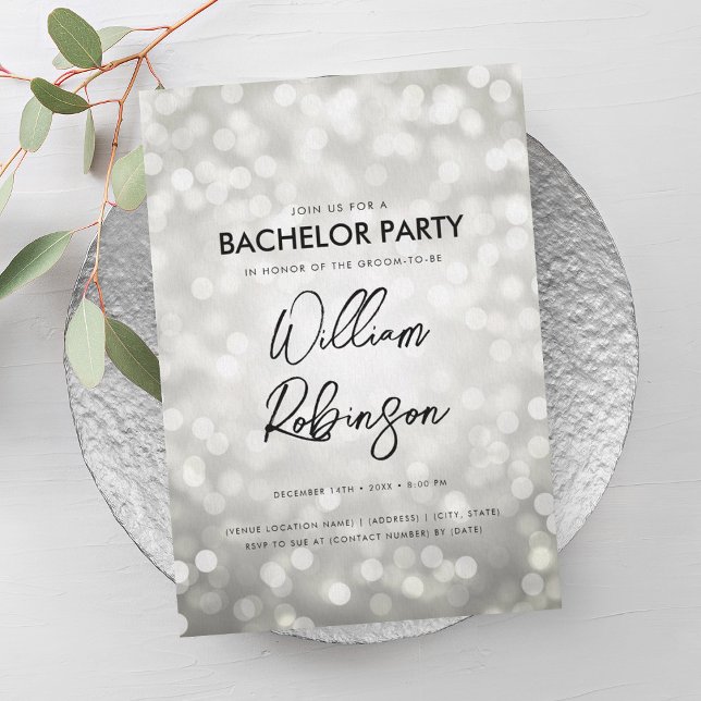 Invitación Moderno Purpurina de plata enciende fiesta de solt (Modern Silver Glitter Lights Bachelor Party Invitation)