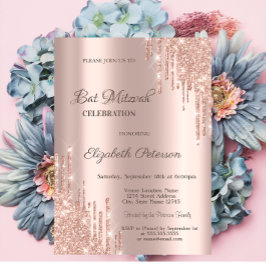 Invitación Moderno Purpurina Drin Rosa Gold Bar Mitzvah